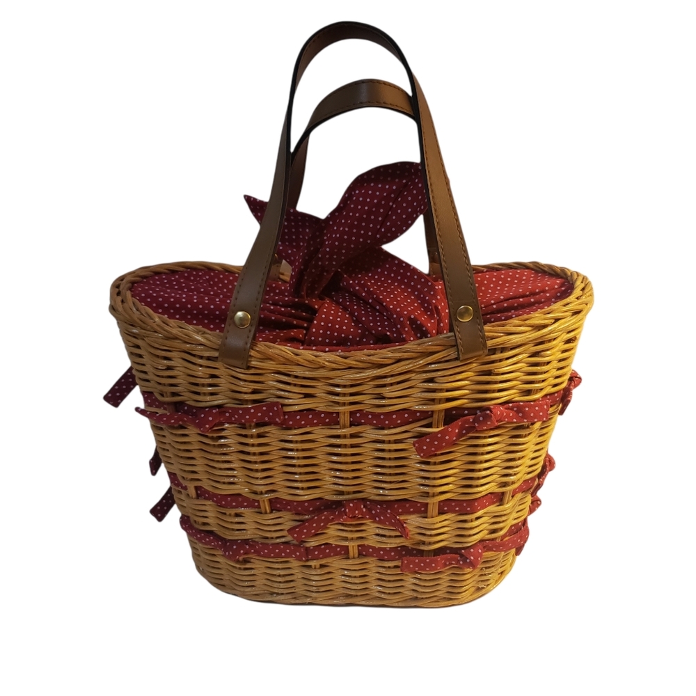 Basket Purse Red Polkadot cloth lining tie closure wicker cottagecore prairie